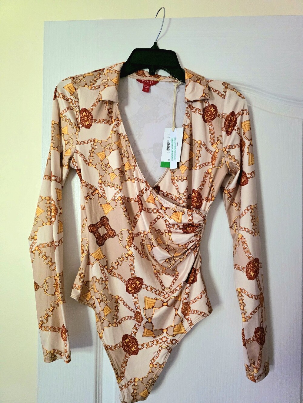 Guess Beige Chain-Print Long-Sleeve Wrap Bodysuit